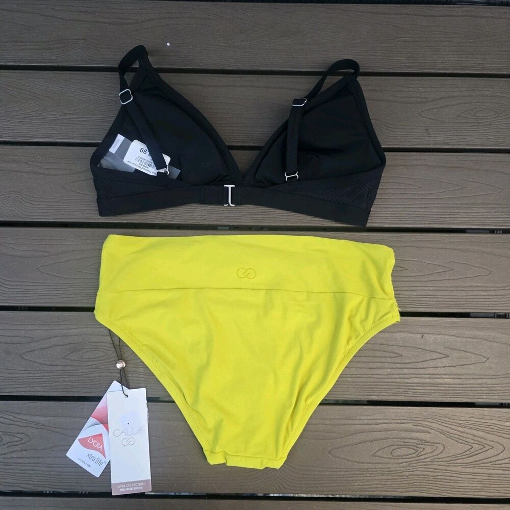 CALIA Women's Black Triangle Tieback Top & Kiwi Wide Band Bikini Sz XS New - Picture 2 of 4